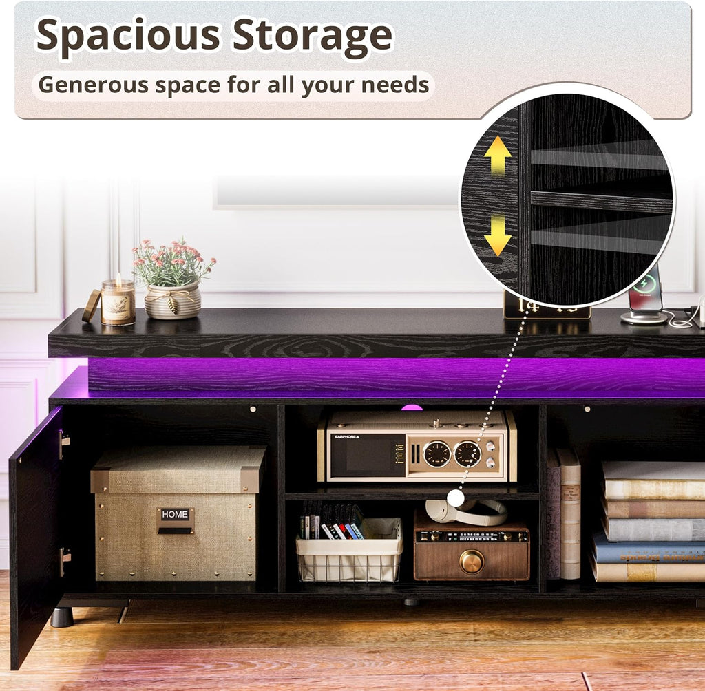 IRONCK TV Stands for TVs 65+ Inch with LED Lights and Power Outlet, Modern TV Console Entertainment Center with Storage Cabinet for Living Room