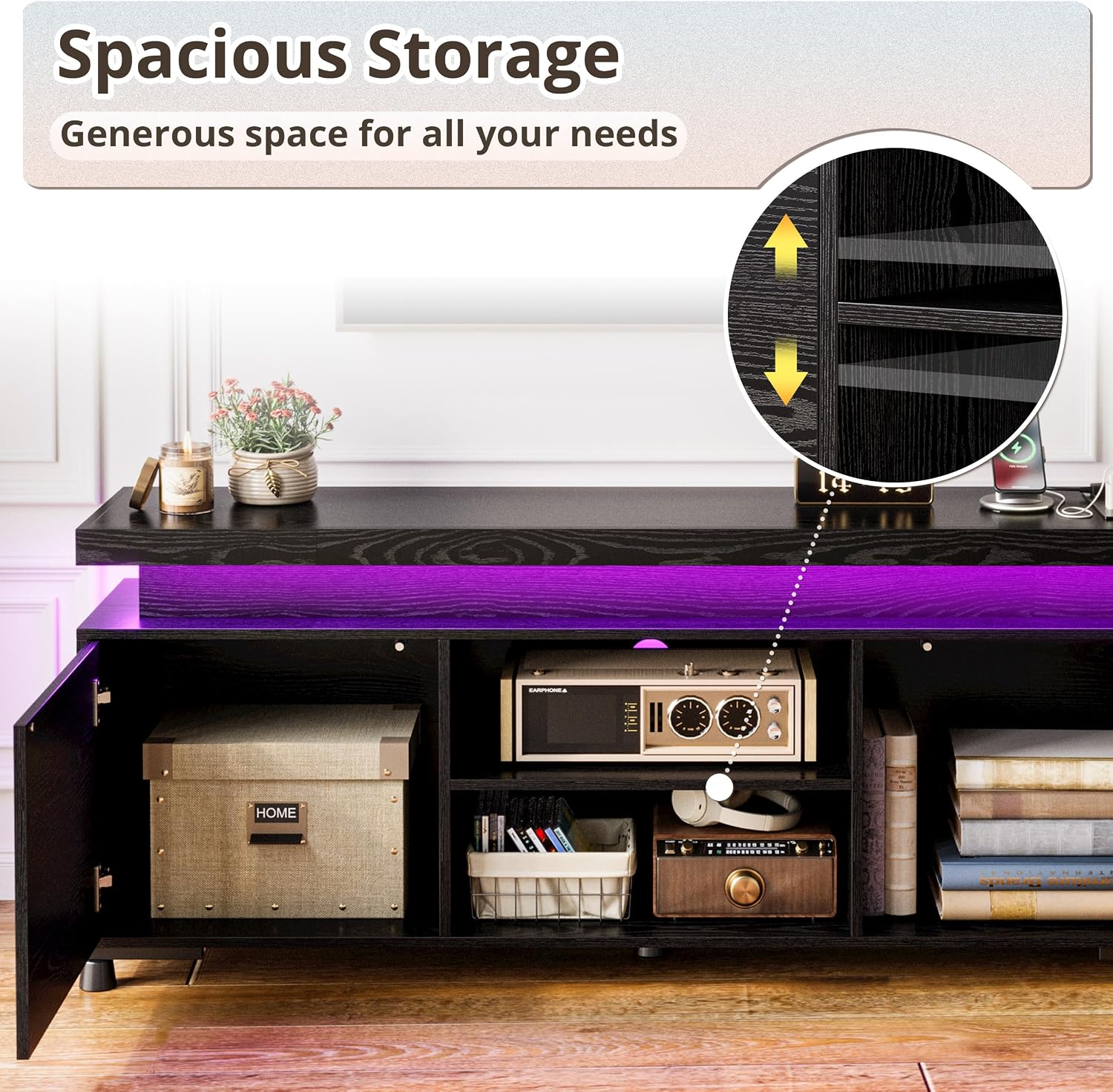 IRONCK TV Stands for TVs 65+ Inch with LED Lights and Power Outlet, Modern TV Console Entertainment Center with Storage Cabinet for Living Room