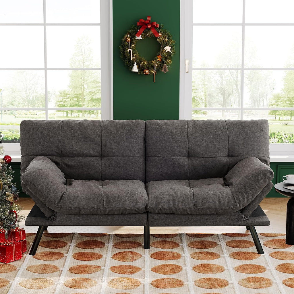Convertible Futon Sofa Bed,71' Modern Fabric Futon Couch with Adjustable Backrest&Armrest,Small Loveseat Sleeper Sofa,Dorm Futonsofa for Apartment,Living Room,Detachable Cushions,Flint Grey