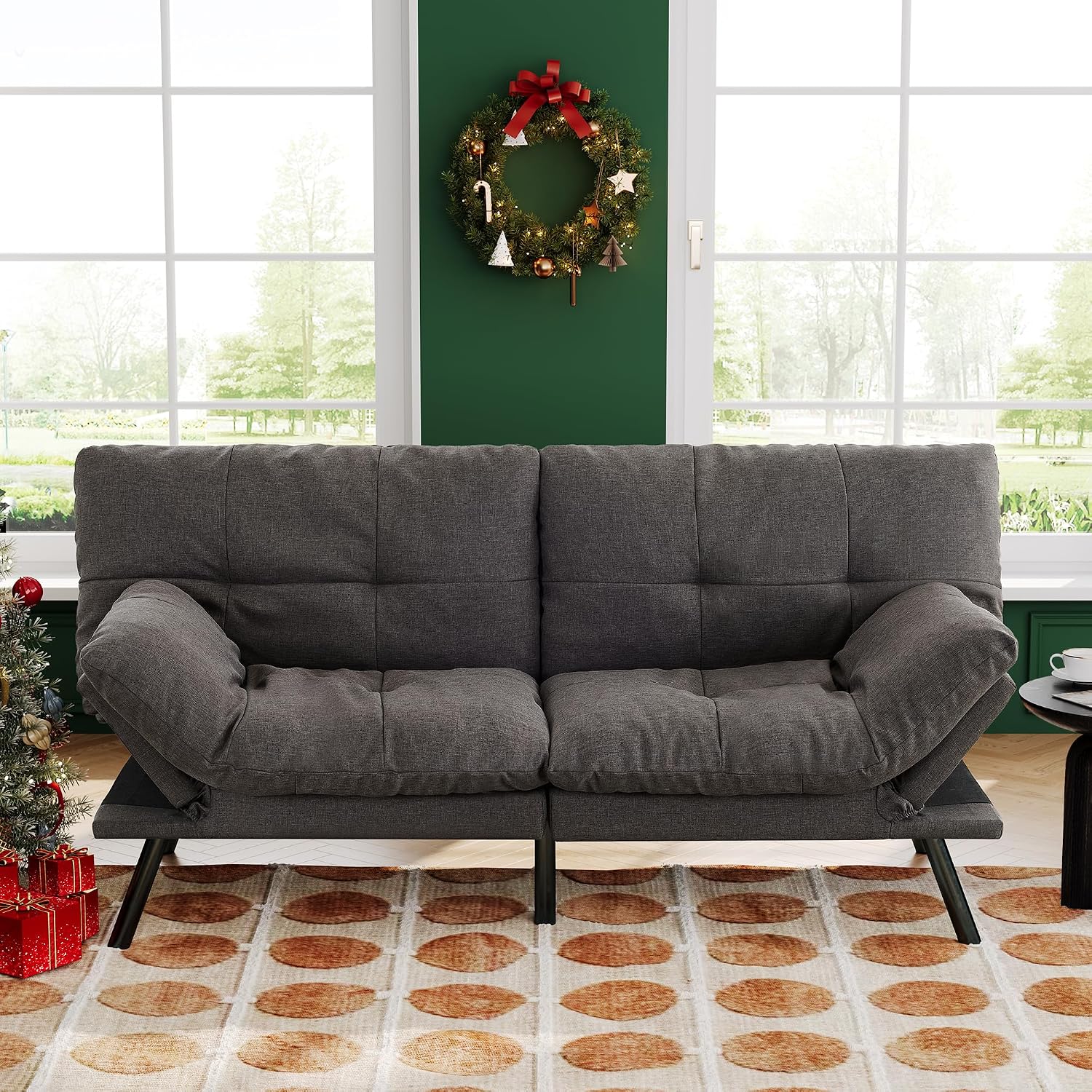 Convertible Futon Sofa Bed,71' Modern Fabric Futon Couch with Adjustable Backrest&Armrest,Small Loveseat Sleeper Sofa,Dorm Futonsofa for Apartment,Living Room,Detachable Cushions,Flint Grey
