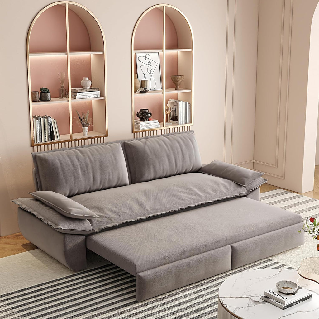 3-in-1 Convertible Sofa Bed Queen Size Pull Out Sleeper Sofa with Heavy Duty Metal Frame, Luxurious Velvet Upholstered Loveseat with 2 Pillows, Modern Folding Guest Bed for Living Room, Apartment | Removable Cushions