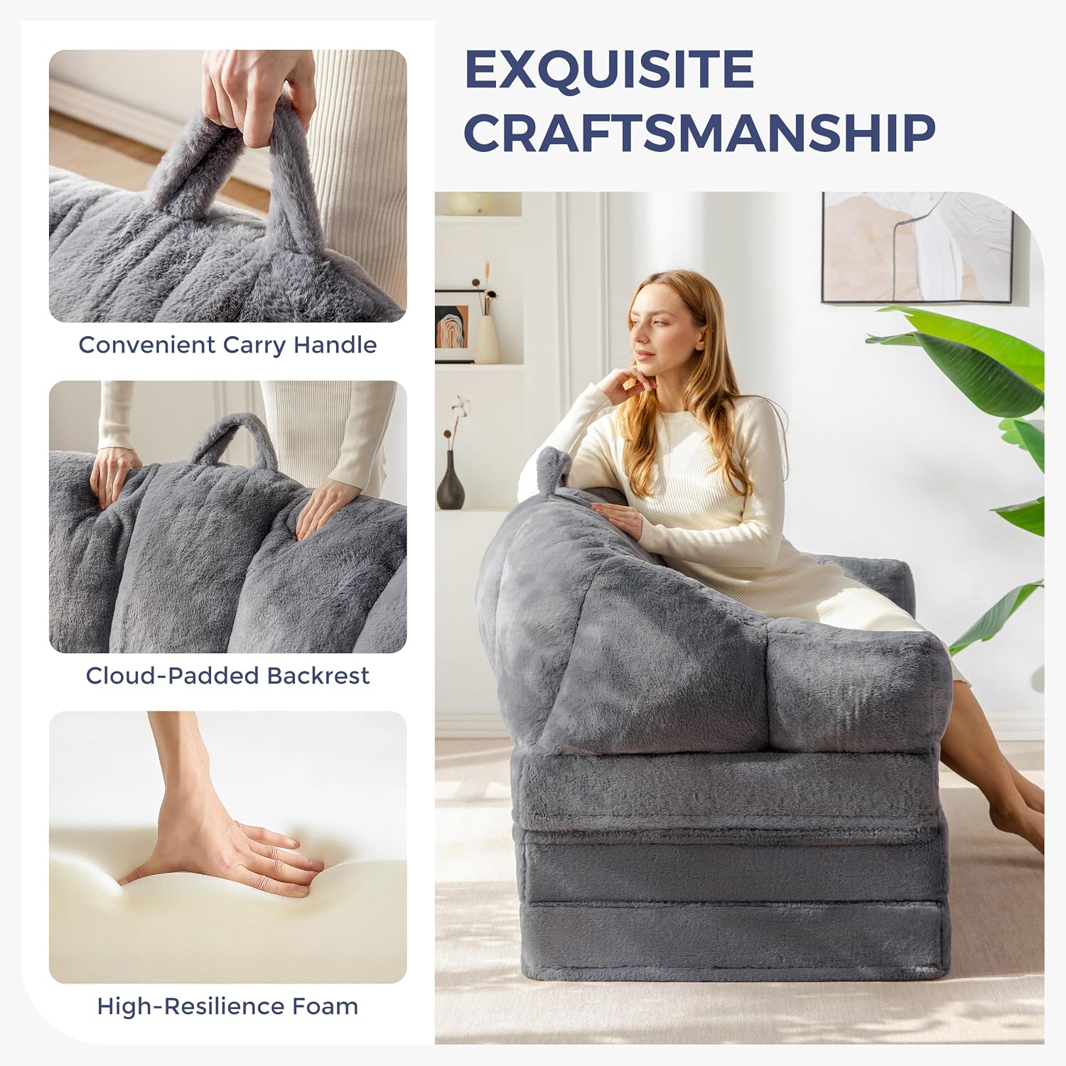 MAXYOYO Folding Sofa Bed, 2 in 1 Convertible Sofa to Lounger Comfy Loveseat Bean Bag Chair for Adults, Floor Sleeper Couch with Handle, Faux Fur Couch Bed for Living Room Bedroom, Grey, Loveseat