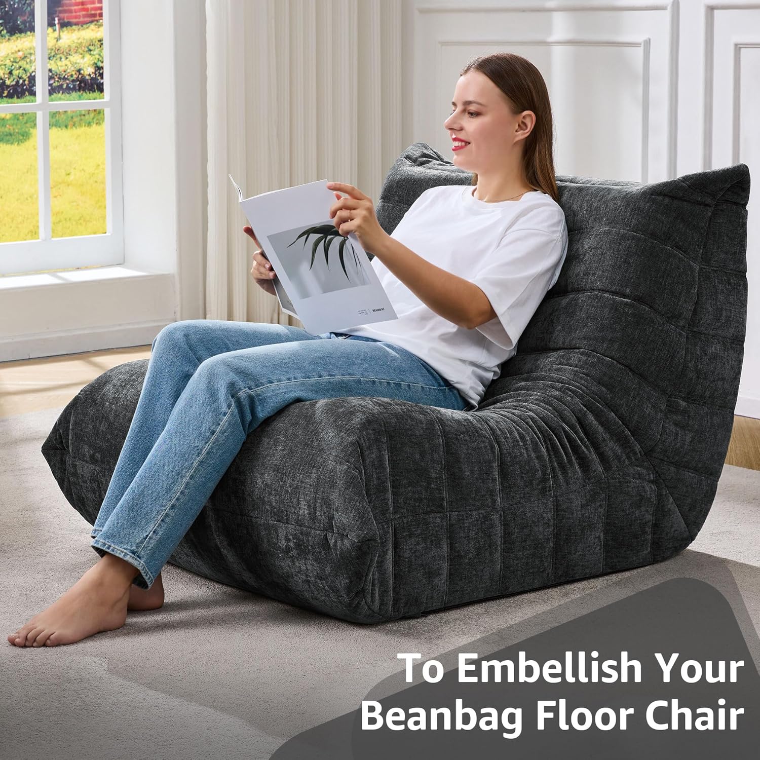 Bean Bag Chairs for Adults Giant Bean Bag Chair Memory Foam BeanBag Chair Bean Bag Sofa with Filler Faux Fur Fireside Beanbags Lazy Sofa for Living Room Bedroom Office (Darkgrey Chenille, Single)