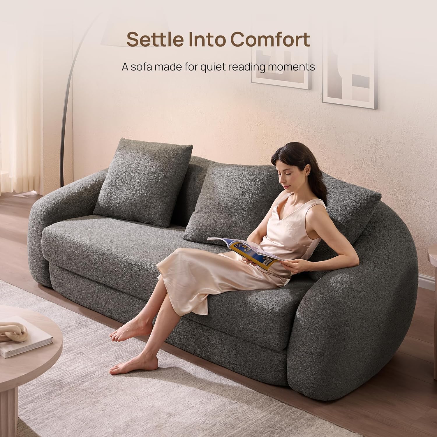 SICOTAS Curved Sofa Couch Bed for Living Room Convertible Futon Cloud Boneless Sleeper Chair Pull Out Floor Couch with Deep Seat Sofa Set Foam No Assembly Required for Bedroom Apartment, Dark Grey