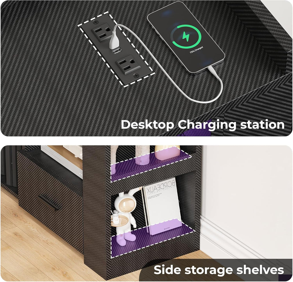 IRONCK TV Stand for 65 Inch TV, Carbon Fiber Entertainment Center with 2 Drawers, Charging Station & RGB LED Light, Gaming Media Console for PS4, Bedroom, Living Room, Black