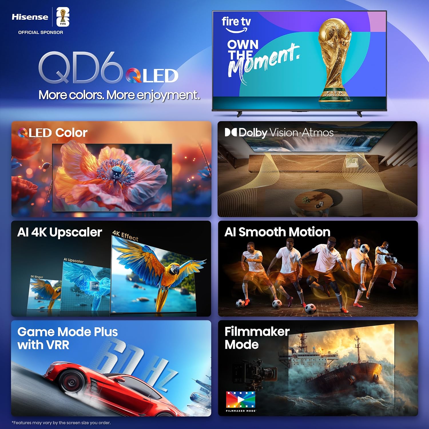 Hisense 43' Class QD6 Series (43QD6QF, 2025 Model) QLED 4K UHD Smart Fire TV, Voice Remote with Alexa, Dolby Vision, Dolby Atmos, Motion Rate 120, HDR 10+, Game Mode Plus, MEMC, VRR, ALLM