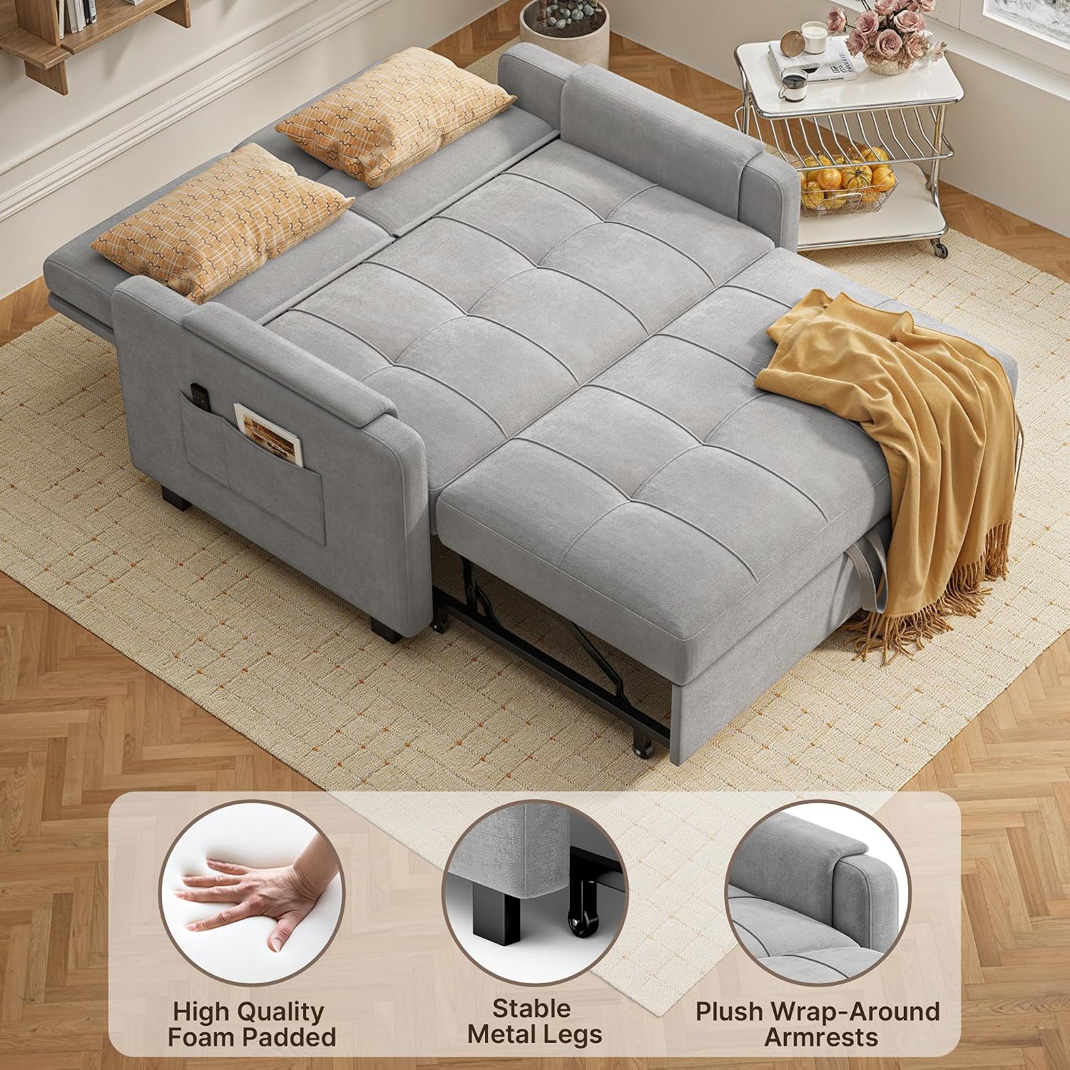 Gizoon Convertible Sofa Bed, 3-in-1 Pull Out Couch, 5-Position Adjustable Backrest & Side Pockets, Modern Small Loveseat Sleeper Sofa for Living Room, Apartment, Dorm, Studio, Guest Room, Light Grey