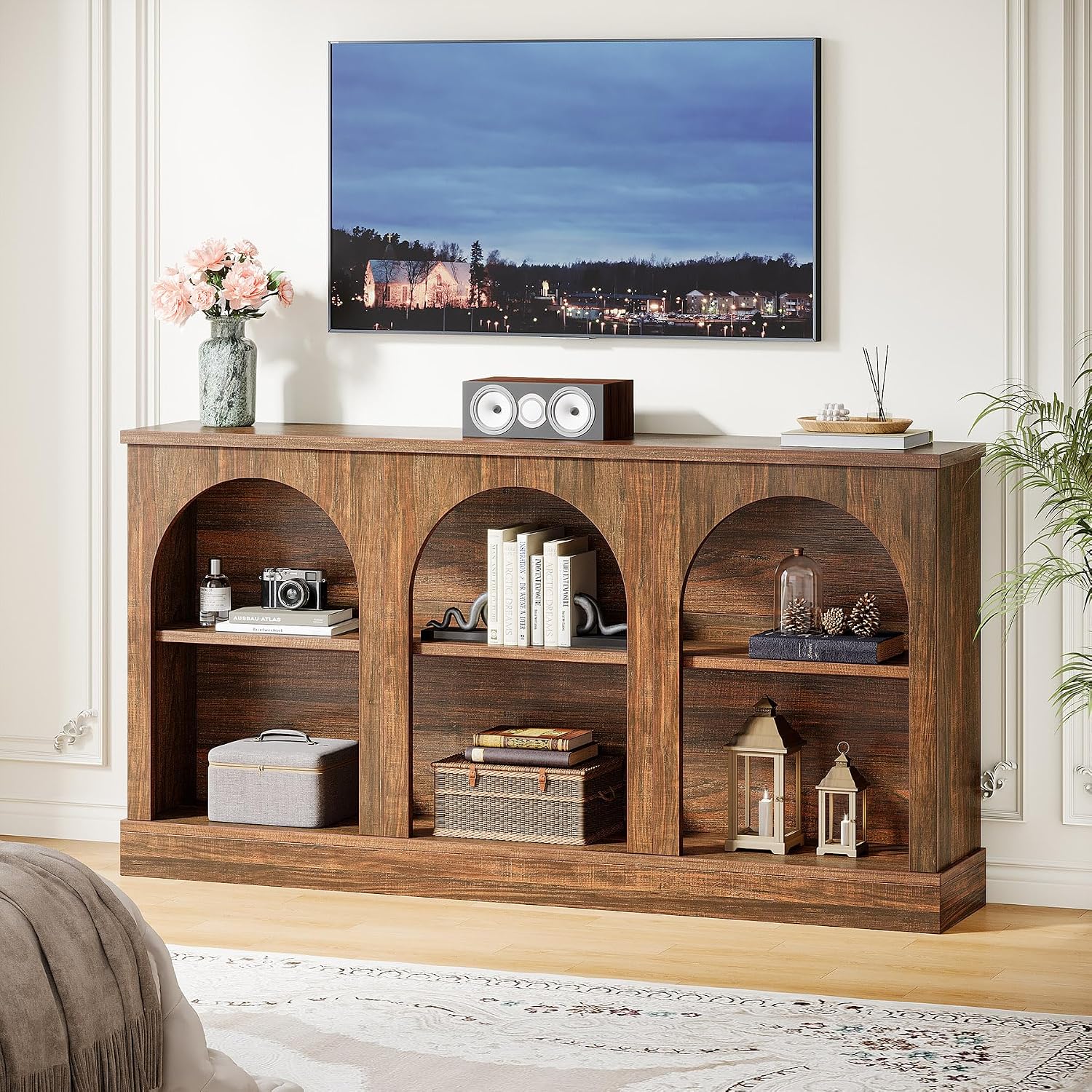 Tribesigns TV Consoles with Storage Cabinets, Television Stand for 55/60/65 Inch TV, Farmhouse Media Entertainment Center Stand for Living Room, Dark Brown