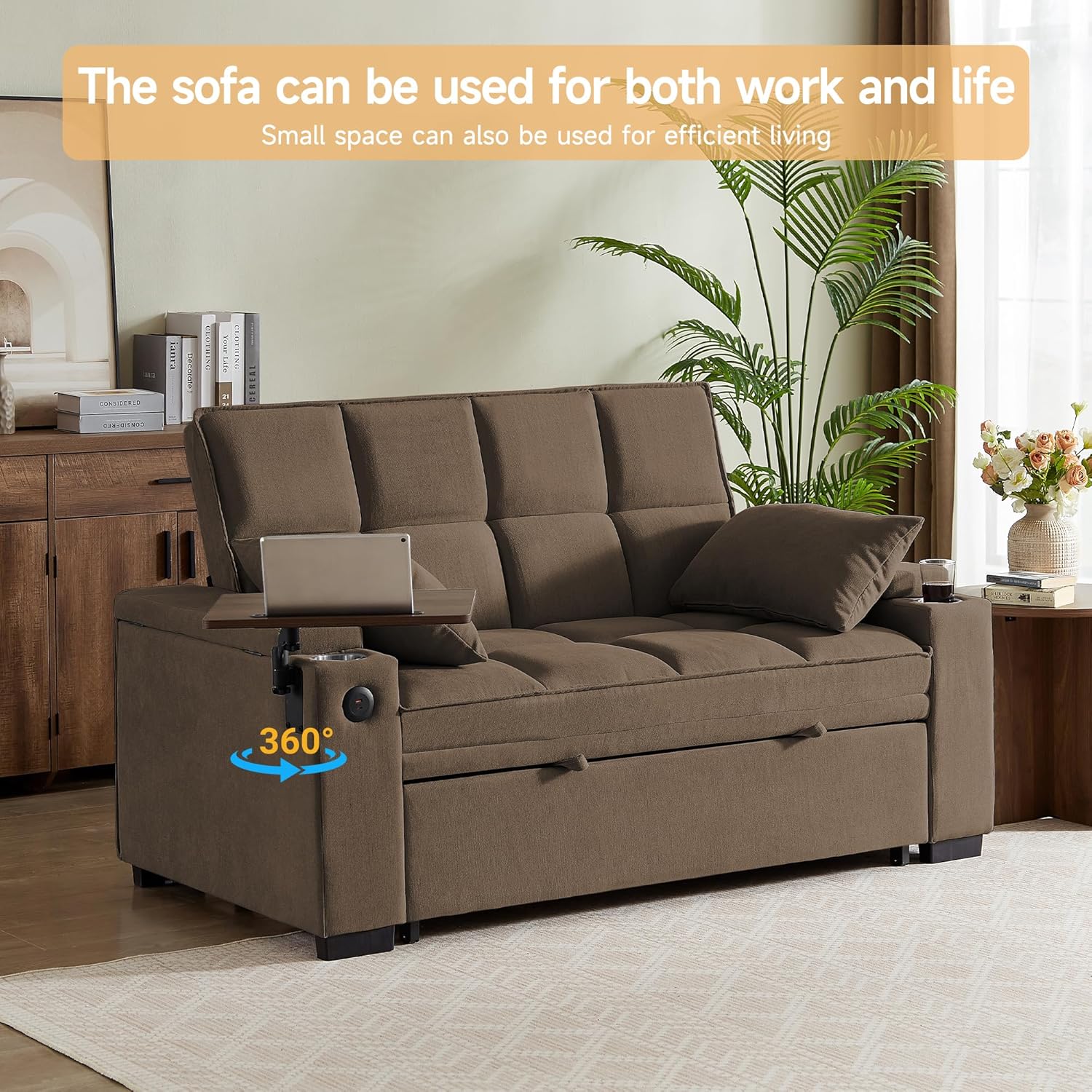 hansones 66' Multi-Functional Pull-Out Sofa Bed with Hidden Side Table, Storage Armrests, Built-in Charging Port, Spring Mattress, Solid Wood Frame – Ideal for Small Spaces, Easy Assembly