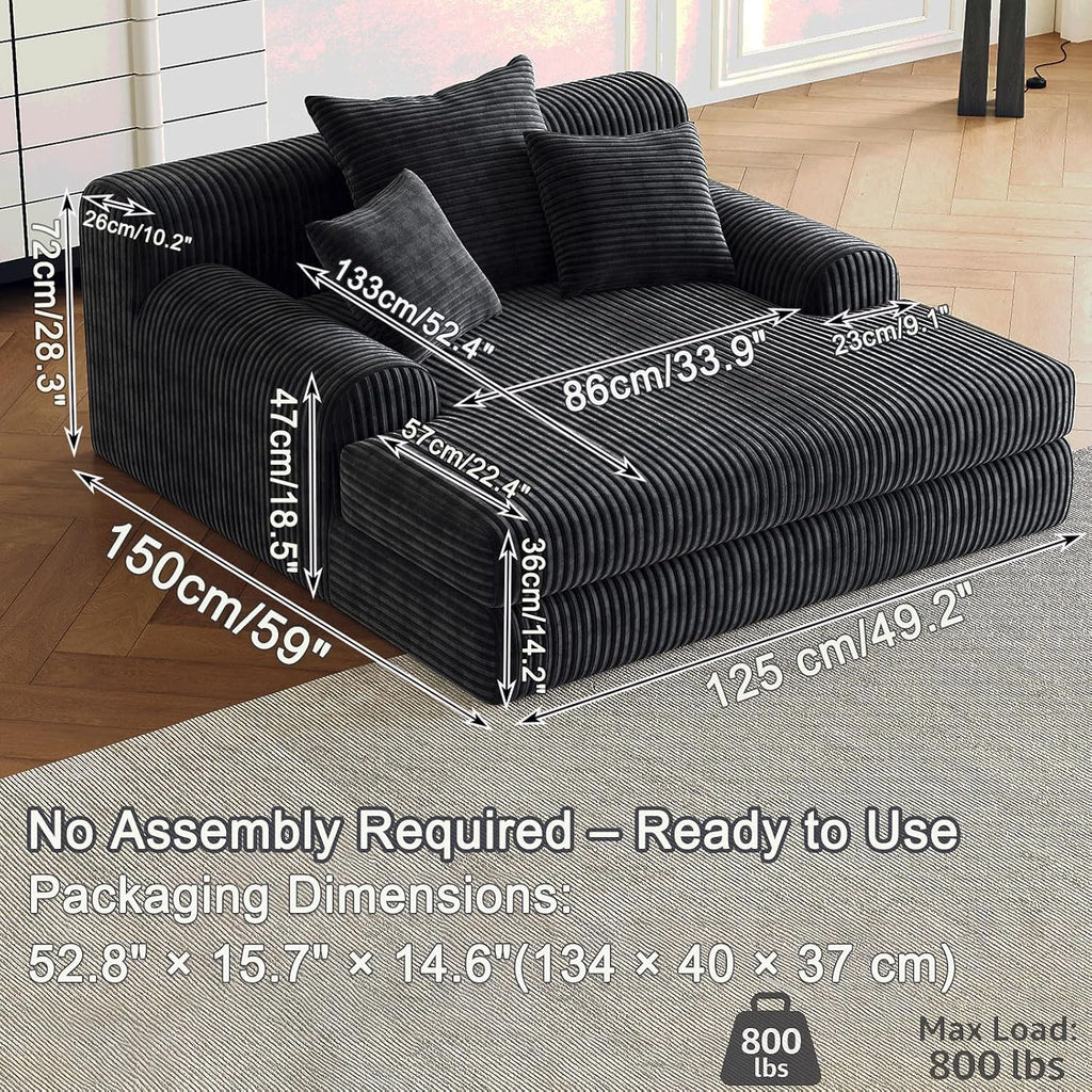 59' Oversized Chaise Lounge Chair Indoor, Comfy Corduroy Upholstered Sleeper Sofa Bed, Boneless Deep Seat Lounge Couch with Throw Pillows and Armrests, Modern Sofa for Living Room Bedroom,Black