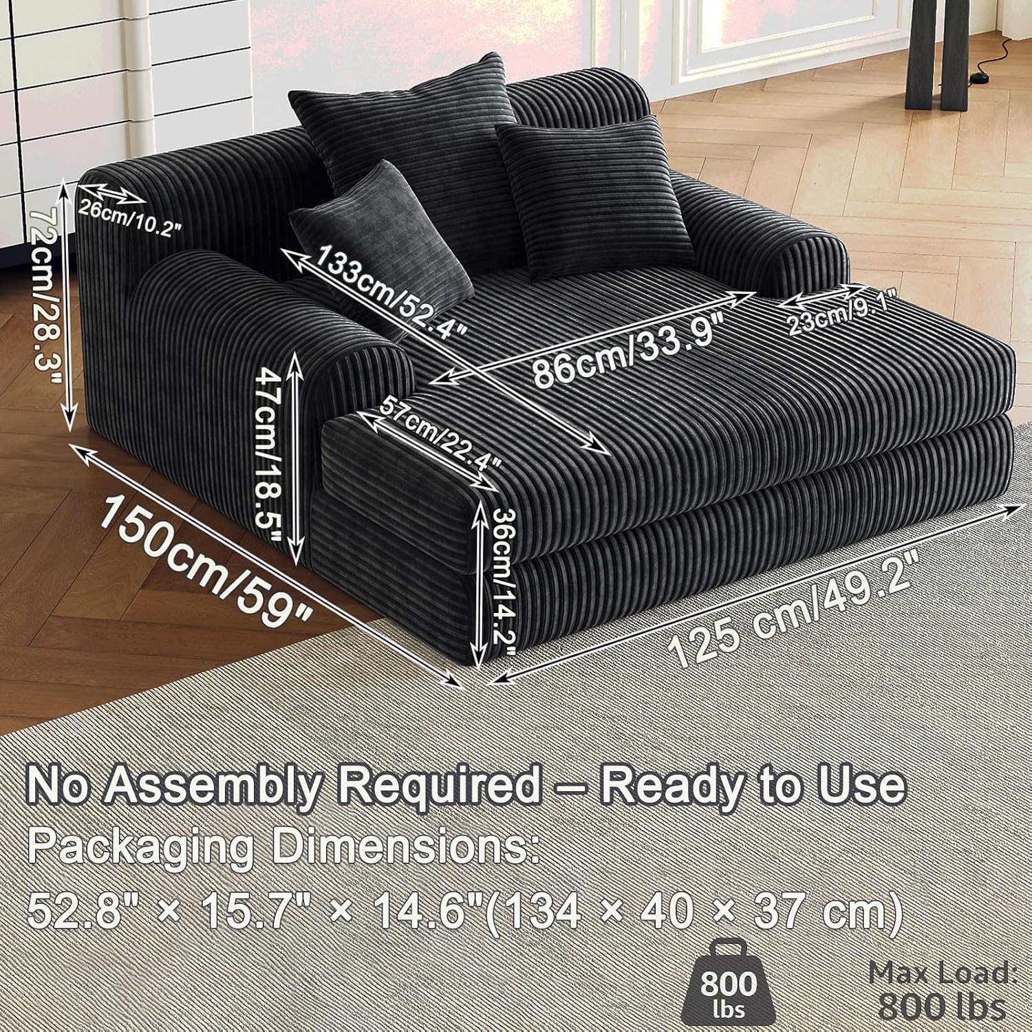 59' Oversized Chaise Lounge Chair Indoor, Comfy Corduroy Upholstered Sleeper Sofa Bed, Boneless Deep Seat Lounge Couch with Throw Pillows and Armrests, Modern Sofa for Living Room Bedroom,Black