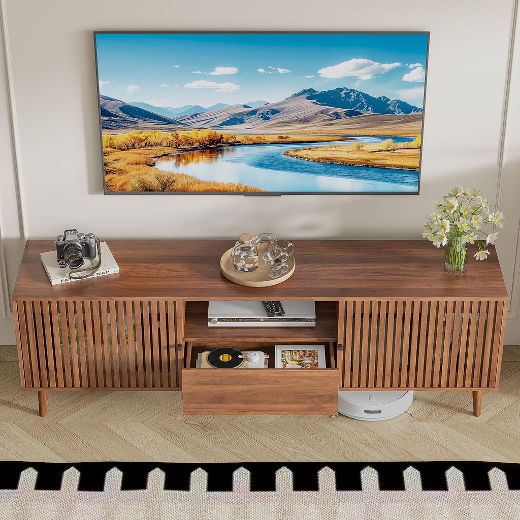 Oubayajia Mid Century Modern TV Stand for Televisions up to 70 Inches, with Sliding Doors and Storage, Television Stands, TV Consoles, Media Consoles for Living Room(Walnut-70inch)