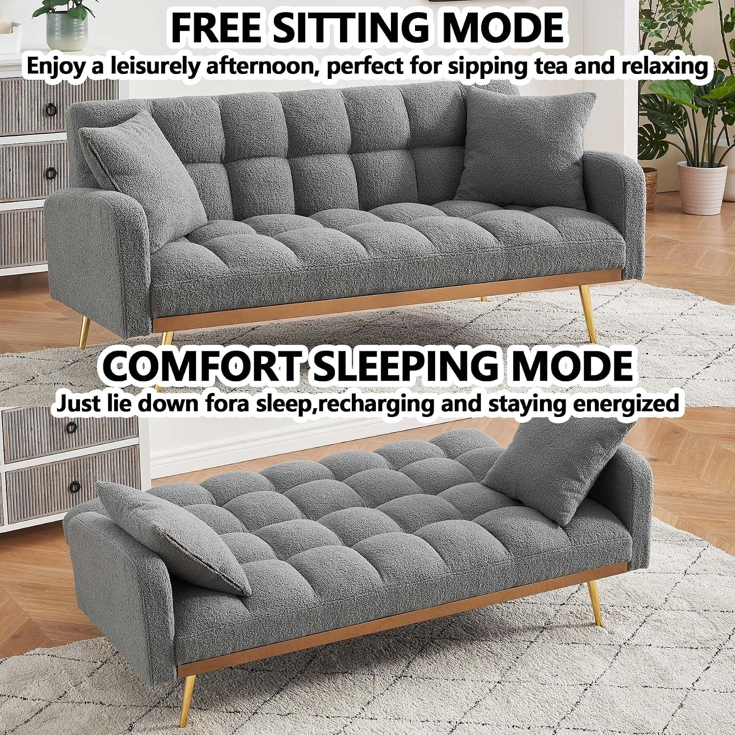 Comfy Futon Sofa Bed with 2 Pillows, Grey Futon Couch Bed with Gold Legs, Small Convertible Sofa Bed Couch for Living Room, Modern Loveseat for Bedroom, Curved Arms, Plush Tufted-Shaped,Teddy (Grey)