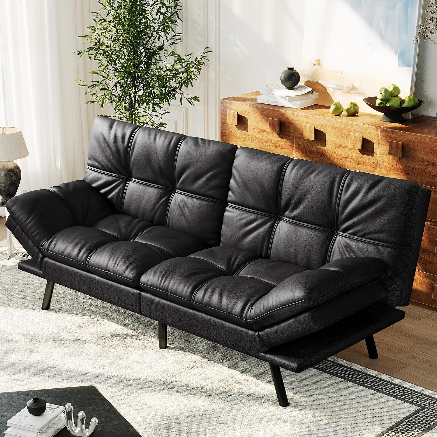 71' Convertible Futon Sofa Bed,Faux Leather Futon Couch Bed,Memory Foam Sleeper Sofa,Modern Folding Small Loveseat for Living Room,Office,Apartment,Matte Black