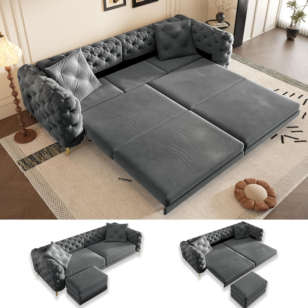 97.7' King Pull Out Sofa Bed, Velvet Chesterfield Sleeper Sofa Couch, 3 in 1 Convertible Tufted Futon Couches with Ottoman for Living Room, Small Space, Apartment, Office, Bedroom, Dark Gray