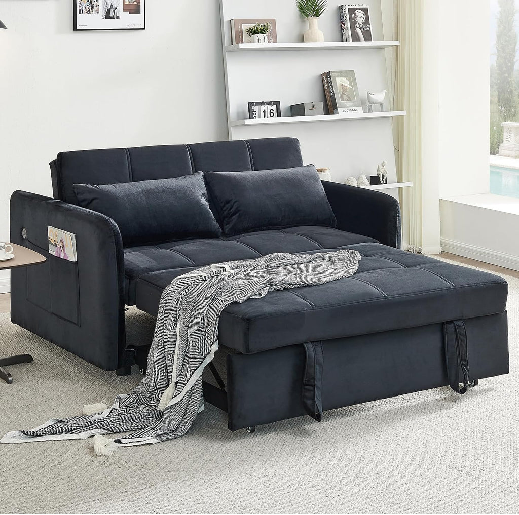 Loveseat Sleeper with USB Ports Velvet Pull Adjustable Backrest, Sofa Bed with Toss Pillows, Futon Couches for Living Room Apartment Office, Black
