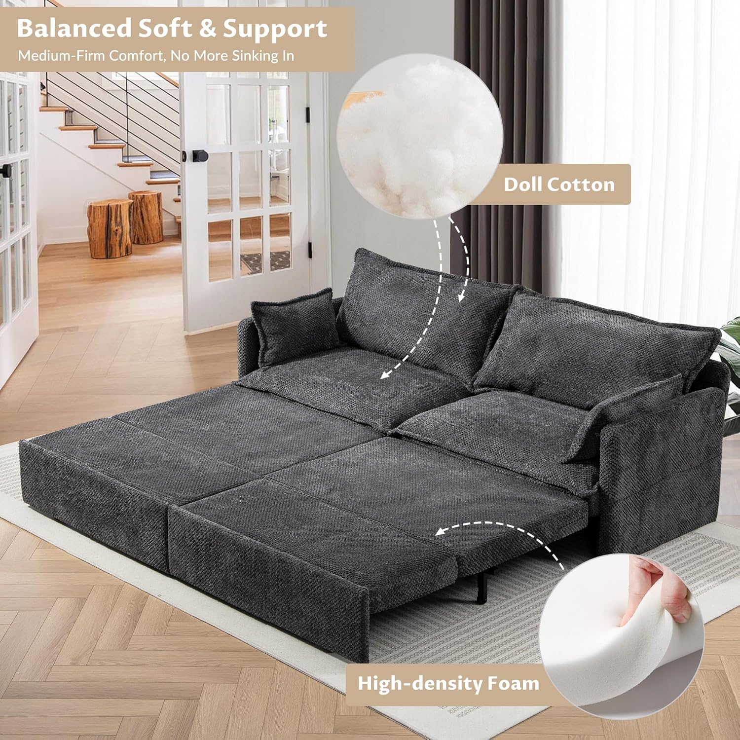 SUNWAVE 74' King Pull Out Sofa Bed -Convertible Sleeper Sofa Bed, Corduroy Pull Out Couch with USB Charging,Side Pockets for Living Room,Bedroom,Small Spaces(Charcoal, 74') | Stay Charging w/ USB, Loveseat by day, Sleeper by night, Space Saving