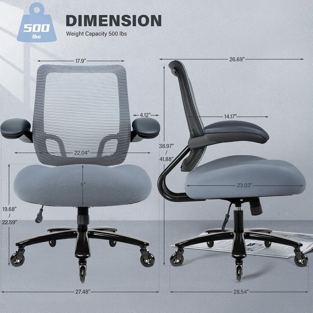 Kassipo 500LBS Big and Tall Office Chair with Flip-Up Armrests, Heavy Duty Office Chair for Heavy People, Memory Foam Seat Filling Springs, Grey