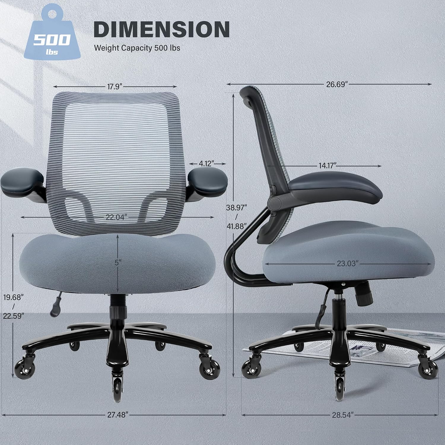 Kassipo 500LBS Big and Tall Office Chair with Flip-Up Armrests, Heavy Duty Office Chair for Heavy People, Memory Foam Seat Filling Springs, Grey