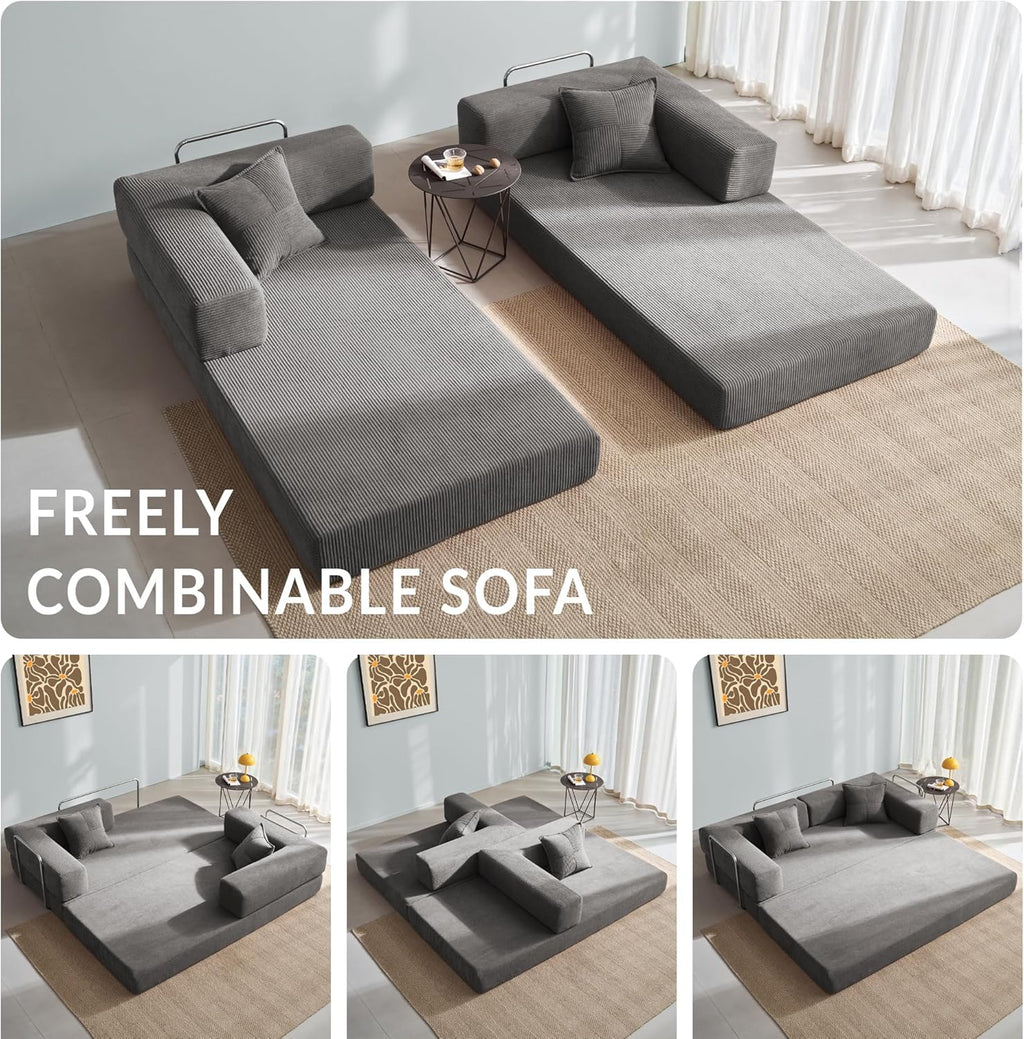 YINIX Sofa Bed, 62'' Folding Floor Couch, Compressed Convertable Sleeper Sofa, Memory Foam Couch with Pillow Back Support Armrest, 4-in-1 Futon Sofa Bed for Living Room, Silver