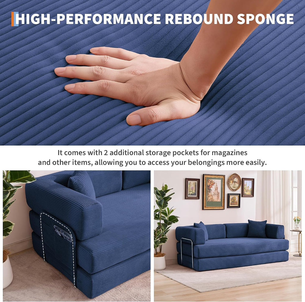Garvee 5-in-1 Convertible Sofa Bed, 78.8' Modular Corduroy Sleeper with Sturdy Frame & No Assembly, Multi-Functional Futon for Small Space, Living Room & Guest Room (Blue)
