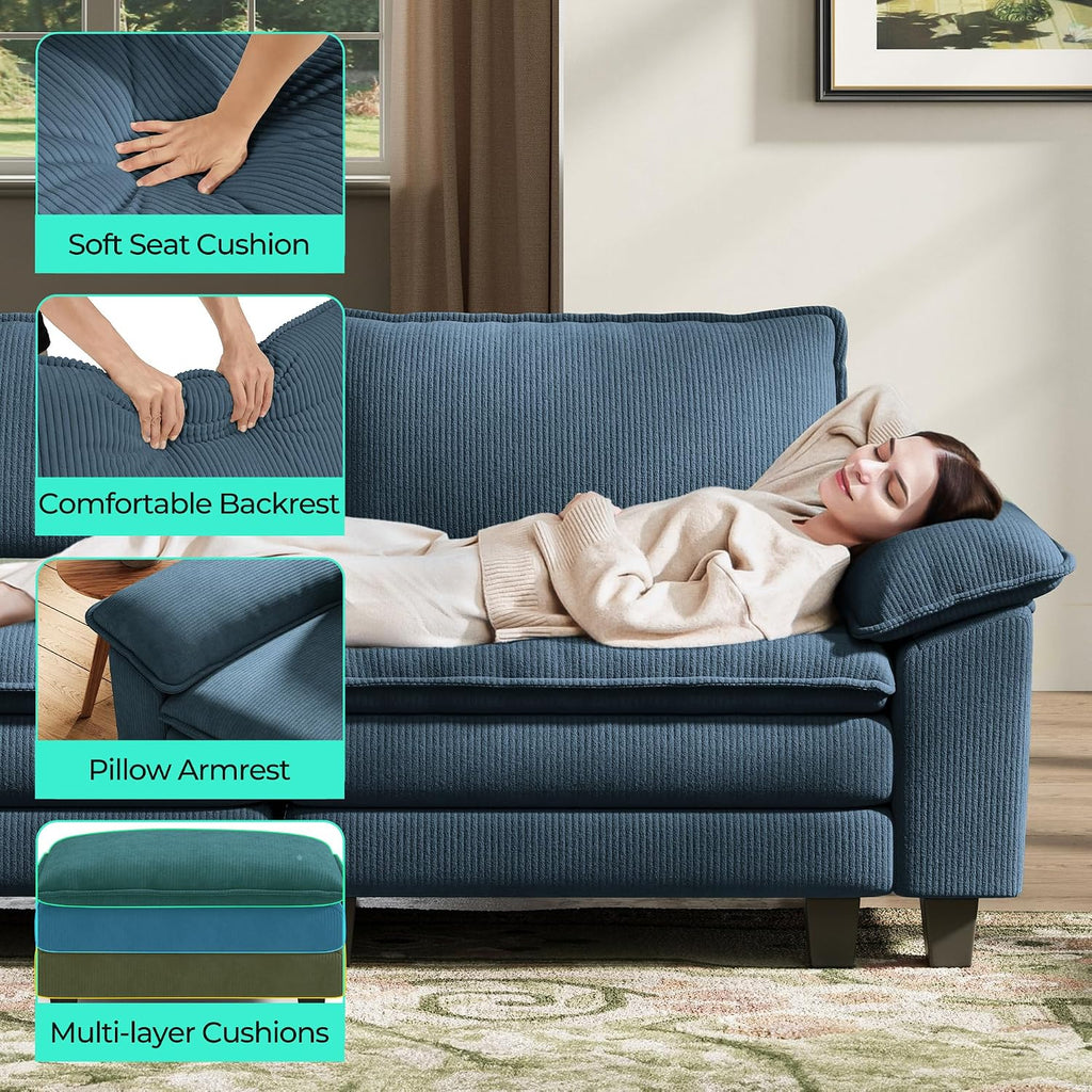 LINSY HOME 90'' Cloud Loveseat Sofa, Modular Sectional Couches Corduroy Cloud Couch Soft Modern Comfy Love Seat Sofa Set for Living Room Apartment Office, Blue