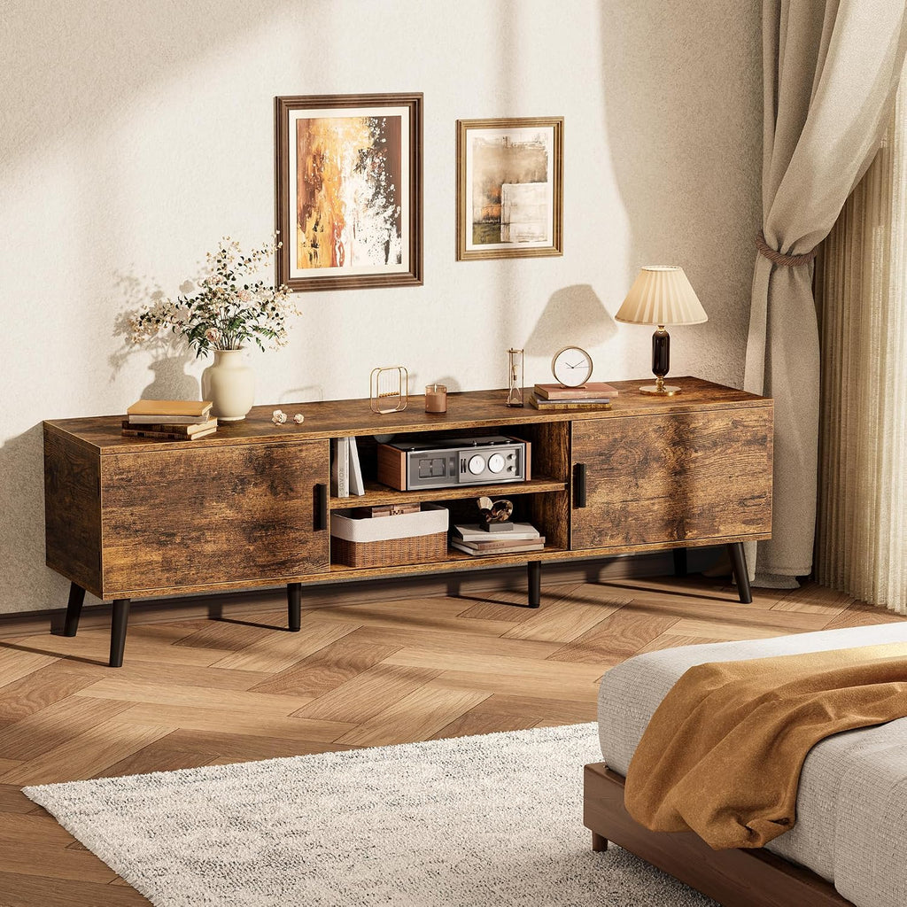 SUPERJARE TV Stand for 55, 65 Inch TV, 63 Inch Entertainment Center with Adjustable Shelf, 2 Cabinets, TV Console Table, Media Console, Solid Wood Feet, 4 Cord Holes, for Living Room, Rustic Brown