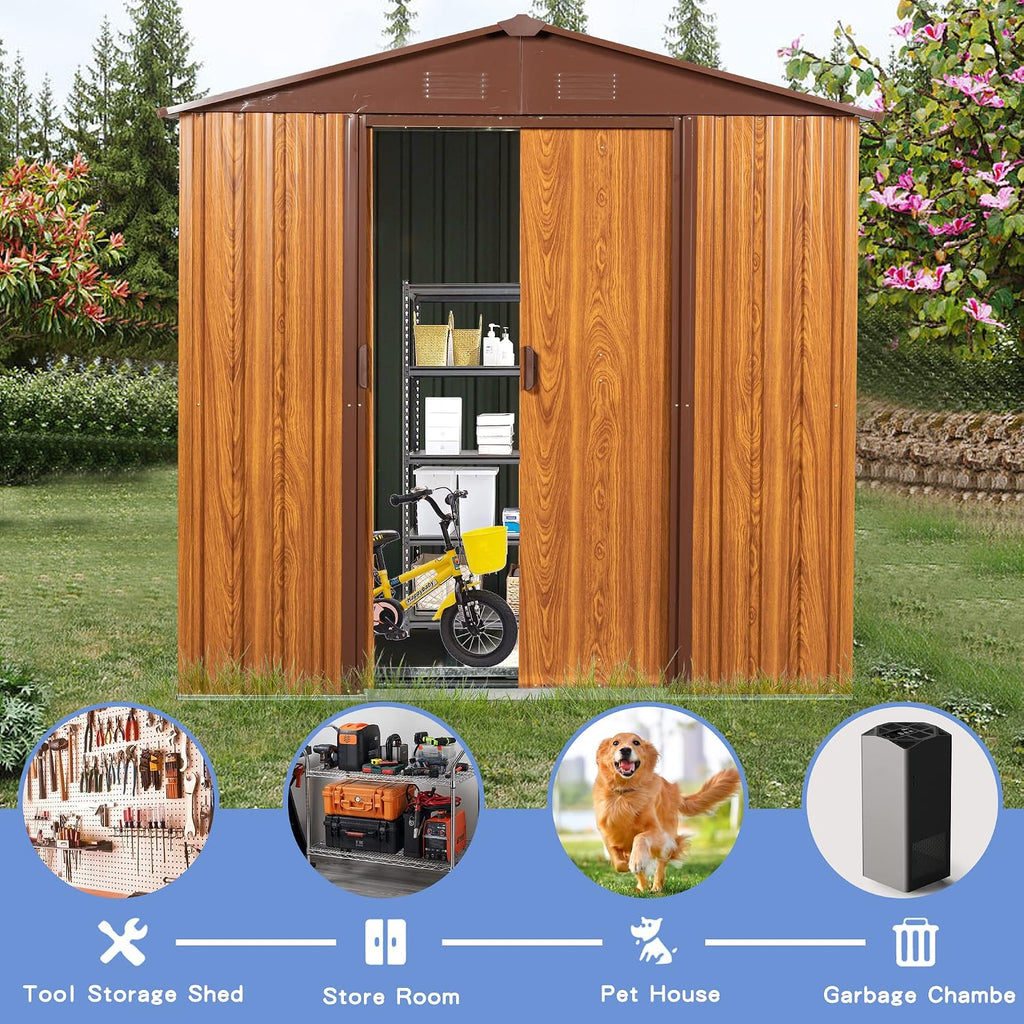 6 x 6 FT Outdoor Storage Shed, Metal Garden Shed with Floor Frame, Tool Shed Outdoor Storage with Lockable Sliding Doors & Air Vents, Storage House Waterproof for Backyard, Lawn, Coffee