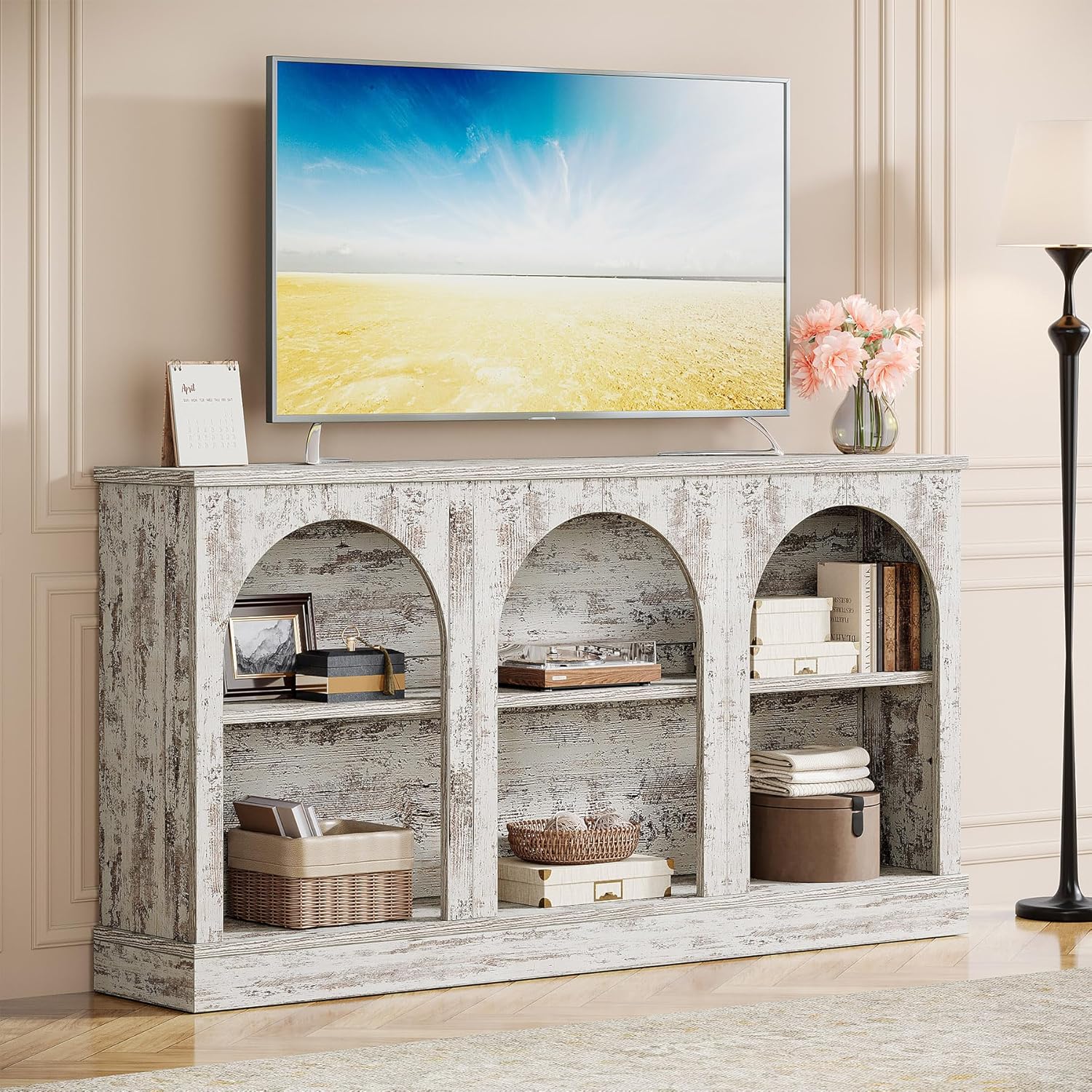 Tribesigns TV Media Consoles for Living Room, Farmhouse Entertainment Center with Storage Cabinets, Modern Television Stand for Bedroom, Distressed White