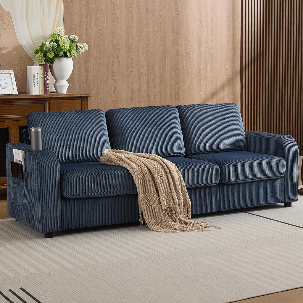 87.4' Oversize 3 Seater Couch, Upholstered Modern Sofa for Living Room, Comfy Deep Seat Loveseat Couch with Cup Holders,Corduroy Love Seat Sofa (Blue)