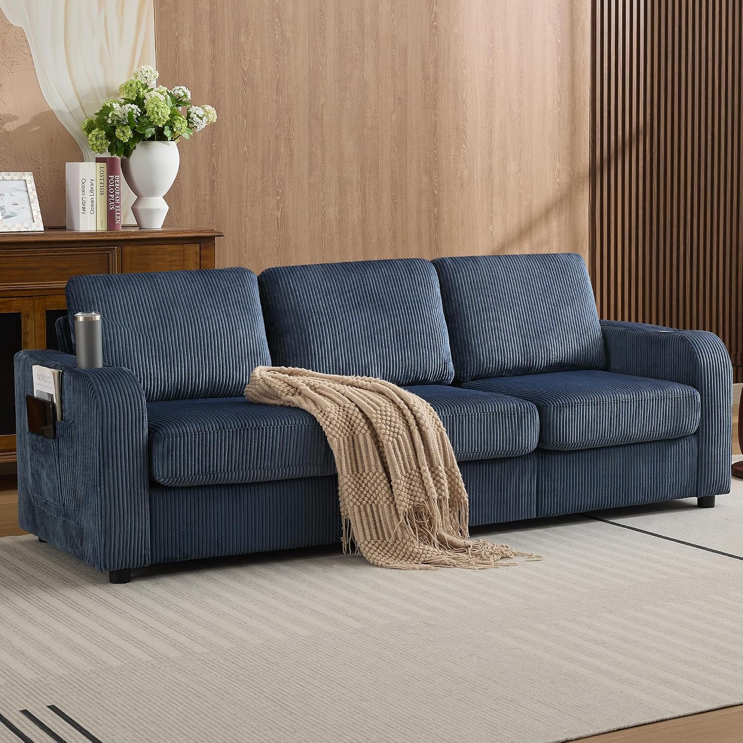 87.4' Oversize 3 Seater Couch, Upholstered Modern Sofa for Living Room, Comfy Deep Seat Loveseat Couch with Cup Holders,Corduroy Love Seat Sofa (Blue)