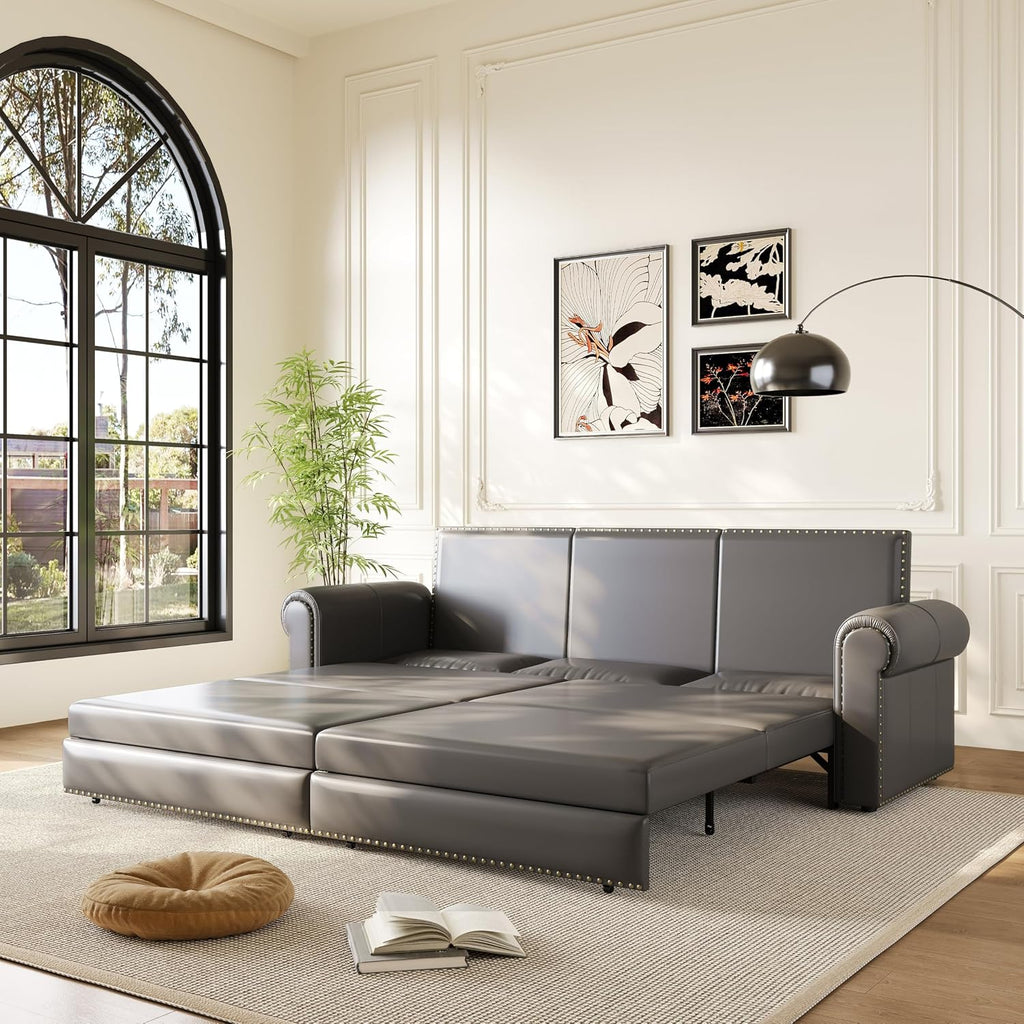 93.7' King Pull Out Sofa Bed, Faux Leather Sleeper Sofa Couch, 3 in 1 Convertible Futon Couches for Living Room, Small Space, Apartment, Office, Bedroom, Modern Rivet Armrest, Grey