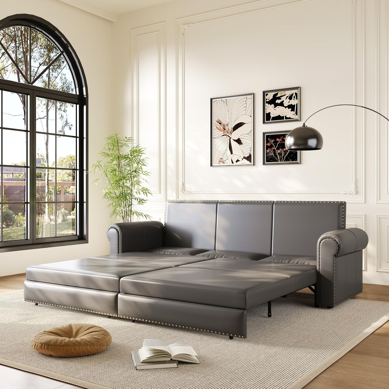93.7' King Pull Out Sofa Bed, Faux Leather Sleeper Sofa Couch, 3 in 1 Convertible Futon Couches for Living Room, Small Space, Apartment, Office, Bedroom, Modern Rivet Armrest, Grey