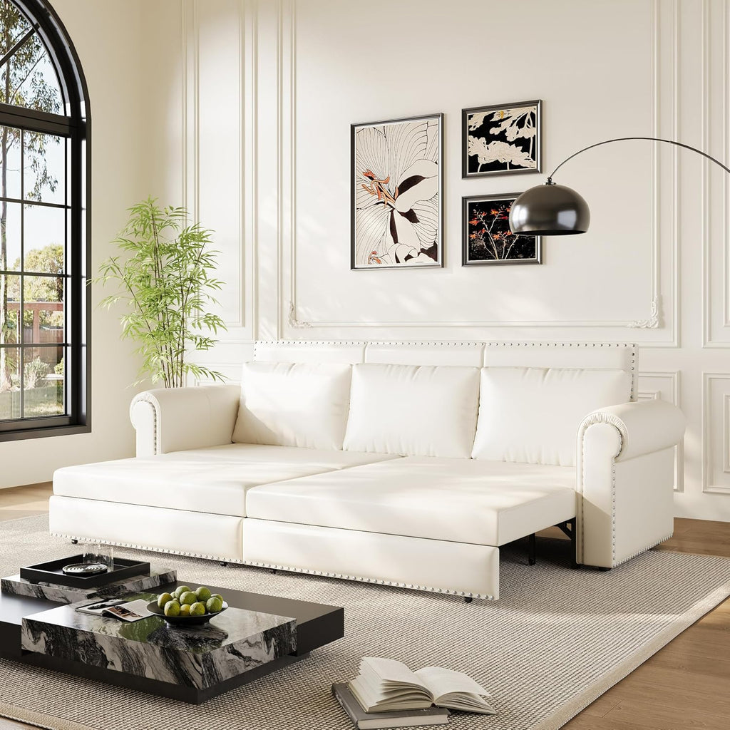 93.7' King Pull Out Sofa Bed, Faux Leather Sleeper Sofa Couch, 3 in 1 Convertible Futon Couches for Living Room, Small Space, Apartment, Office, Bedroom, Modern Rivet Armrest, Cream White