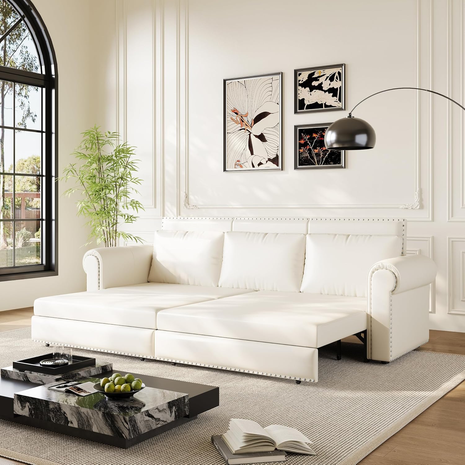 93.7' King Pull Out Sofa Bed, Faux Leather Sleeper Sofa Couch, 3 in 1 Convertible Futon Couches for Living Room, Small Space, Apartment, Office, Bedroom, Modern Rivet Armrest, Cream White