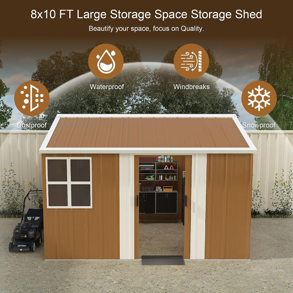 KEIKI 10FT x 8FT Heavy-Duty Metal Storage Shed, Outdoor Storage Shed with Window, Weatherproof Outdoor Garden Shed for Garden, Backyard, Patio, Lawn (Floor Not Included)