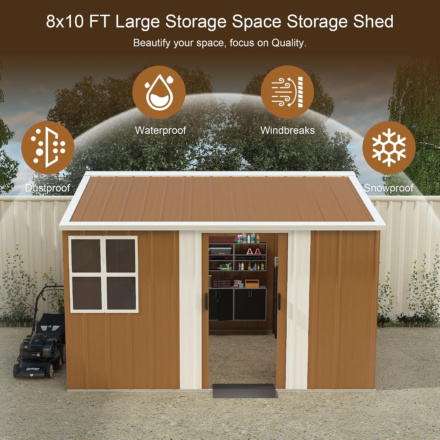 KEIKI 10FT x 8FT Heavy-Duty Metal Storage Shed, Outdoor Storage Shed with Window, Weatherproof Outdoor Garden Shed for Garden, Backyard, Patio, Lawn (Floor Not Included)