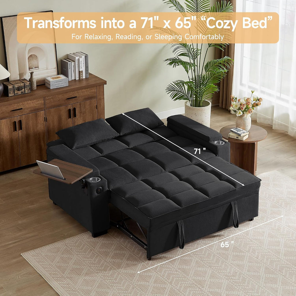 hansones 66' Multi-Functional Pull-Out Sofa Bed with Hidden Side Table, Storage Armrests, Built-in Charging Port, Spring Mattress, Solid Wood Frame – Ideal for Small Spaces, Easy Assembly