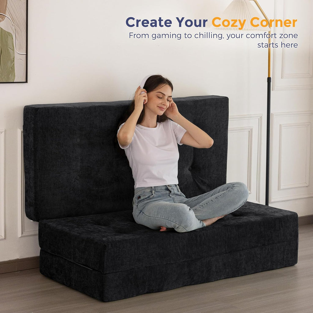 MAXYOYO 6' Folding Sofa Bed for Floor, Tufted Tri-Fold Floor Mattress with Chenille Fabric, Twin Size Portable Sofa Couch Guest Mat for Adults, Foldable Topper for Camping, Black, 35.4'x75'