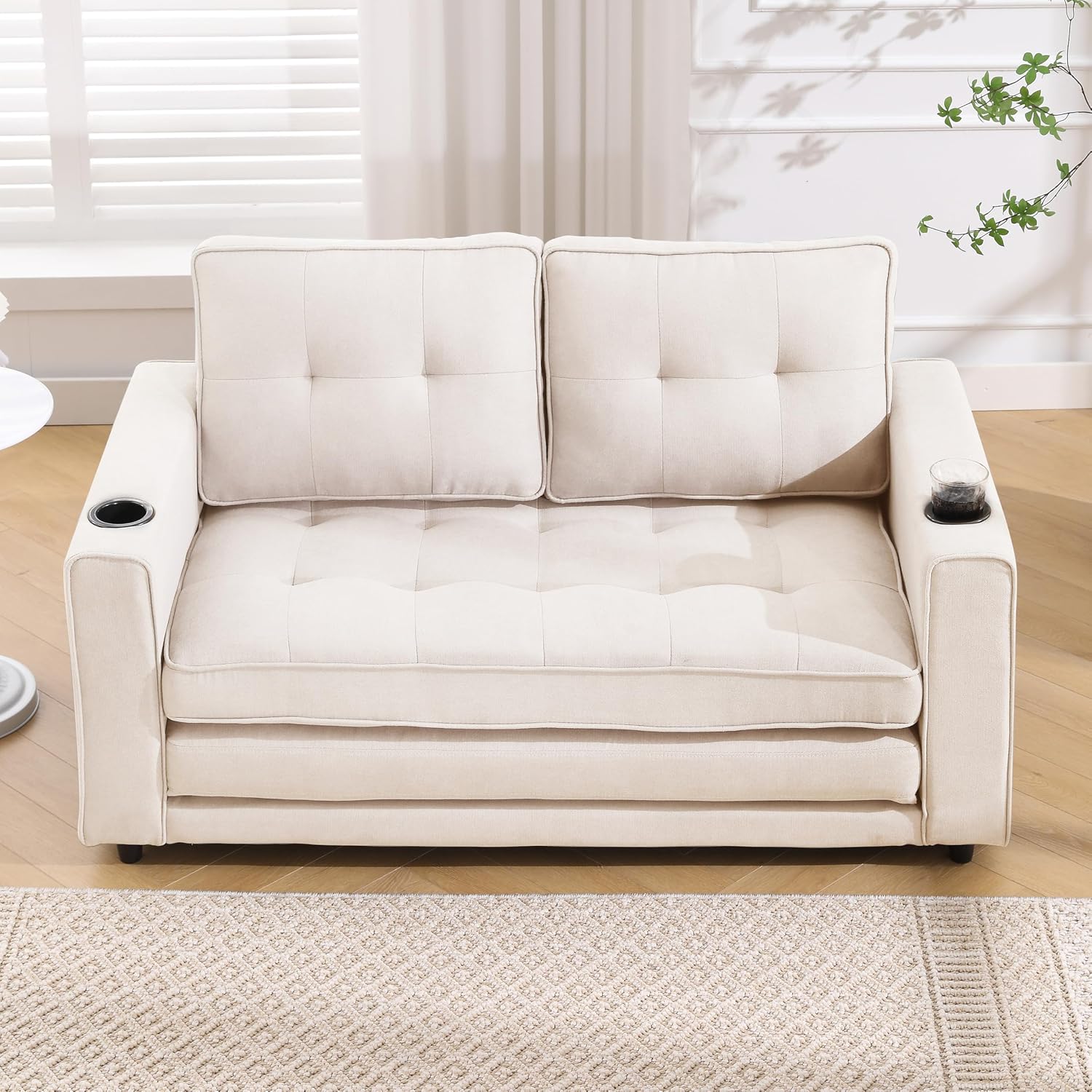Merax Convertible Sleeper Sofa Bed, Futon Sofa Bed, 3 in 1 Convertible Loveseat Sleeper with Pull Out Bed, Foldable Tufted Sofa Bed Couch W/Cup Holder and Side Pockets,Beige