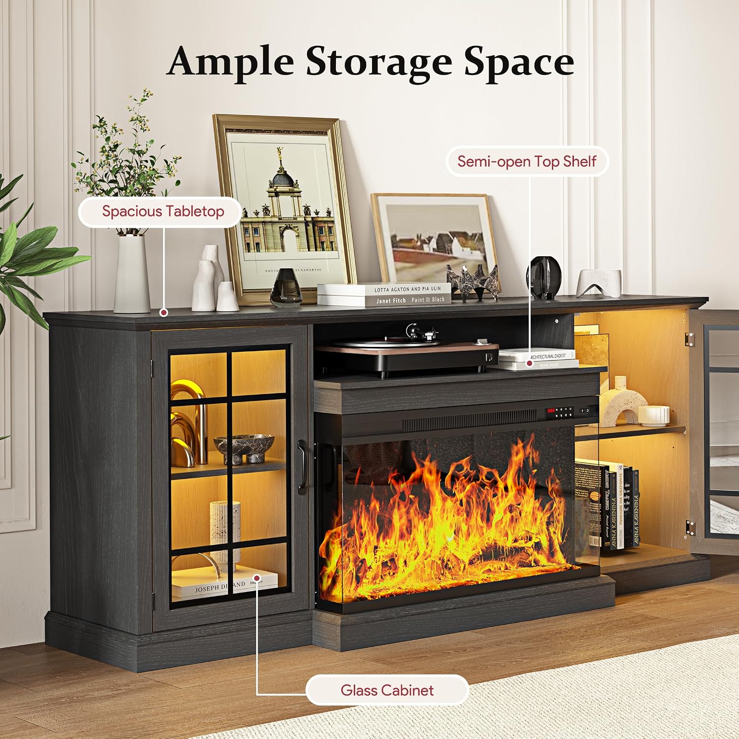 MXV 80'' Fireplace TV Stand, Farmhouse Entertainment Center with 3 Sided Glass TV Stand, Modern Media Console Table with Storage Drawers & Cabinets with LED Flame and Lights for Living Room, Black