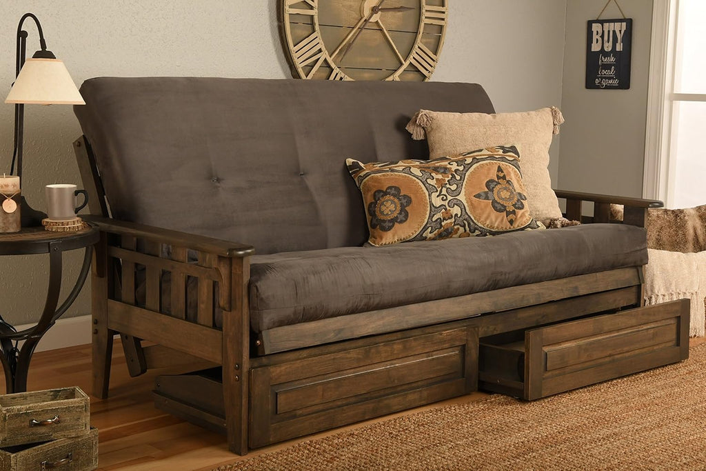 FutonX Rustic Walnut Frame and Mattress Set with Choice to add Drawers, 8 Inch Innerspring Futon Sofa Bed Full Size Wood (Grey Matt, Frame and Drawers)
