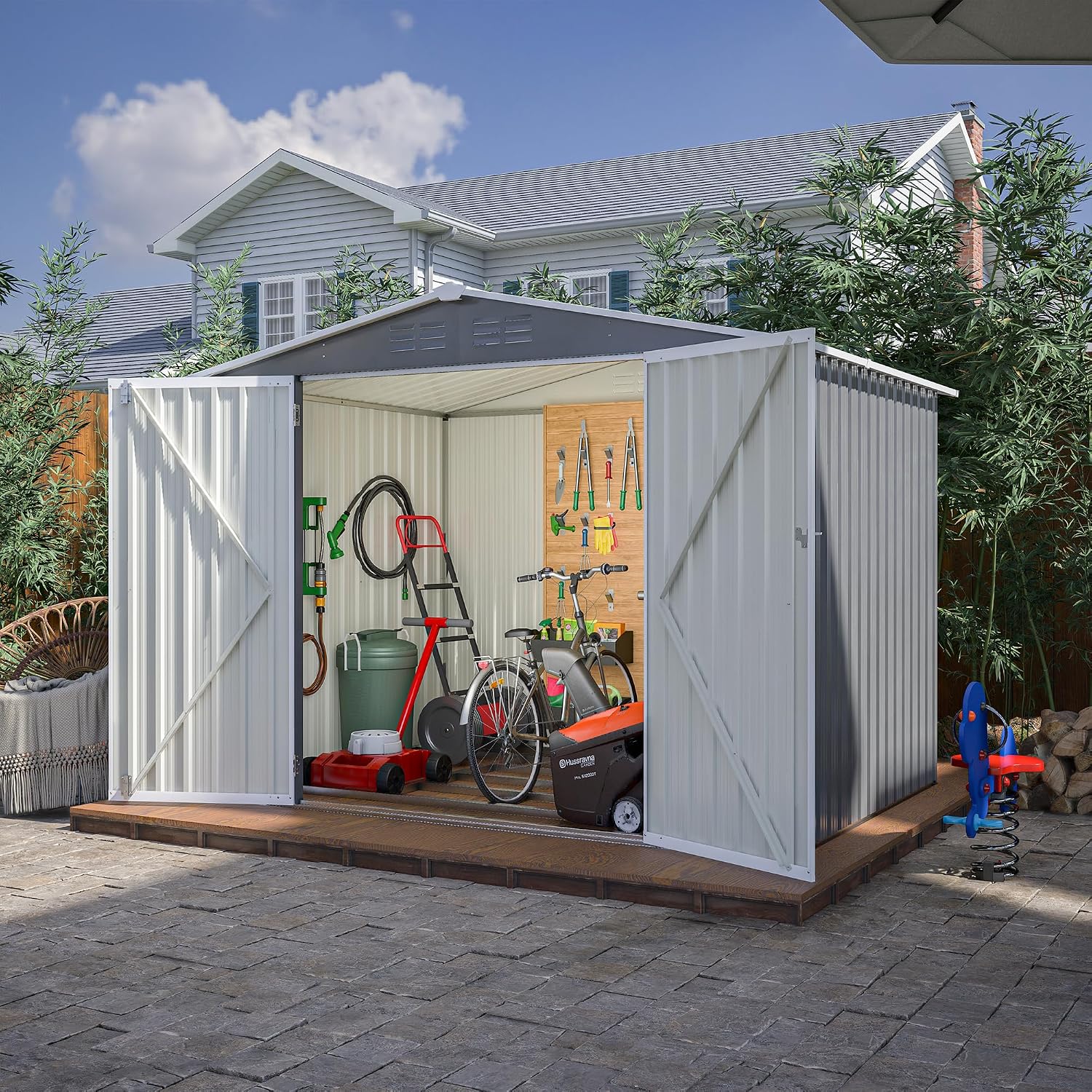 8 x 6 FT Outdoor Storage Shed, Metal Garden Shed with Floor Frame, Tool Shed Outdoor Storage with Lockable Hinged Doors & Air Vents, Storage House Waterproof for Backyard, Lawn, Gray
