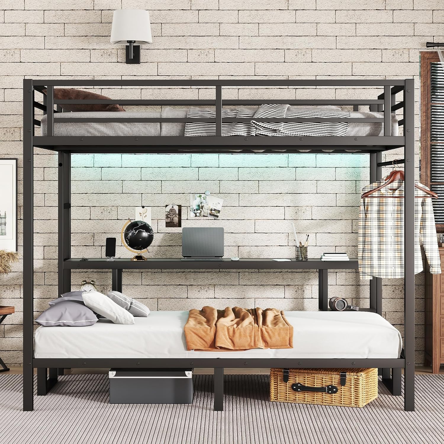 Bellemave Futon bunk Bed Twin XL Over Queen, Queen loft Bed with futon and Desk and Shelves, LED, USB, Black
