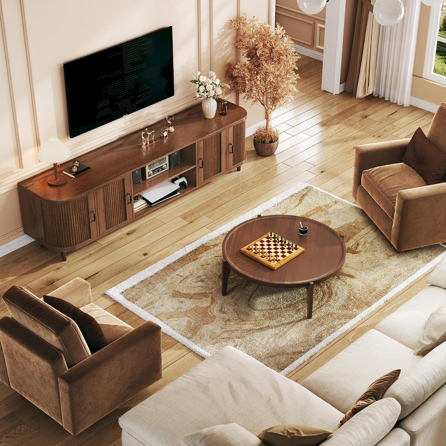 HUAHUU TV Stand for 75 inch TV, Mid Century Modern Entertainment Center for 55/60/65/75 inch TV, with Fluted Door Cabinets & Open Shelves, TV Consoles, Walnut