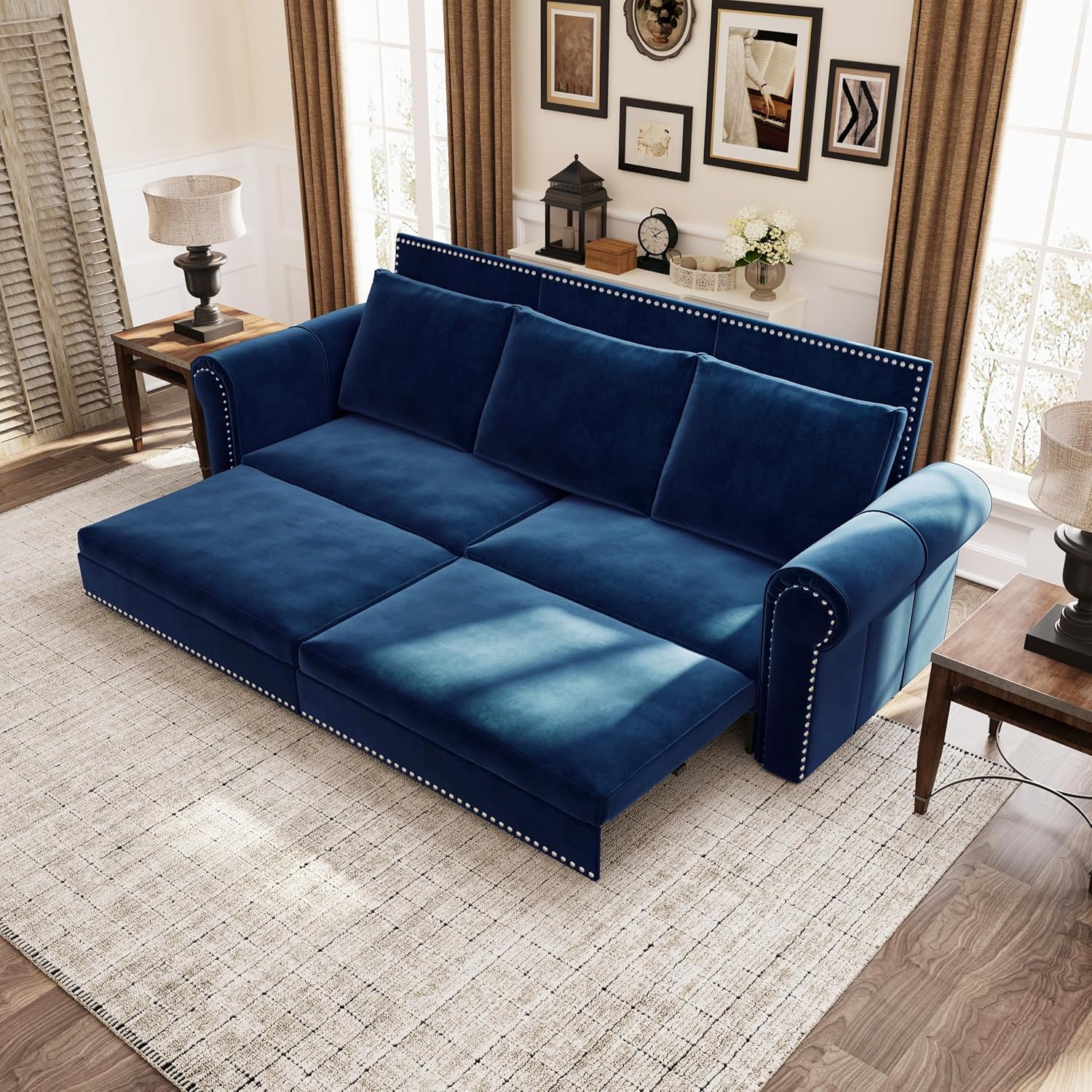 93.7' King Pull Out Sofa Bed, Velvet Sleeper Sofa Couch, 3 in 1 Convertible Futon Couches for Living Room, Small Space, Apartment, Office, Bedroom, Modern Rivet Armrest, Blue
