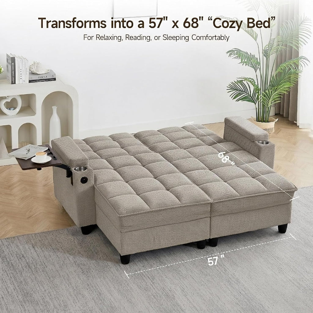 70.9' Chaise Lounge Chair Indoor, Oversized Boucle Upholstered Sofa Bed, Adjustable Backrest Deep Seat Reading Chair, Sofas Couches for Living Room with Storage, Cup Holders and 360° Swivel Side Table