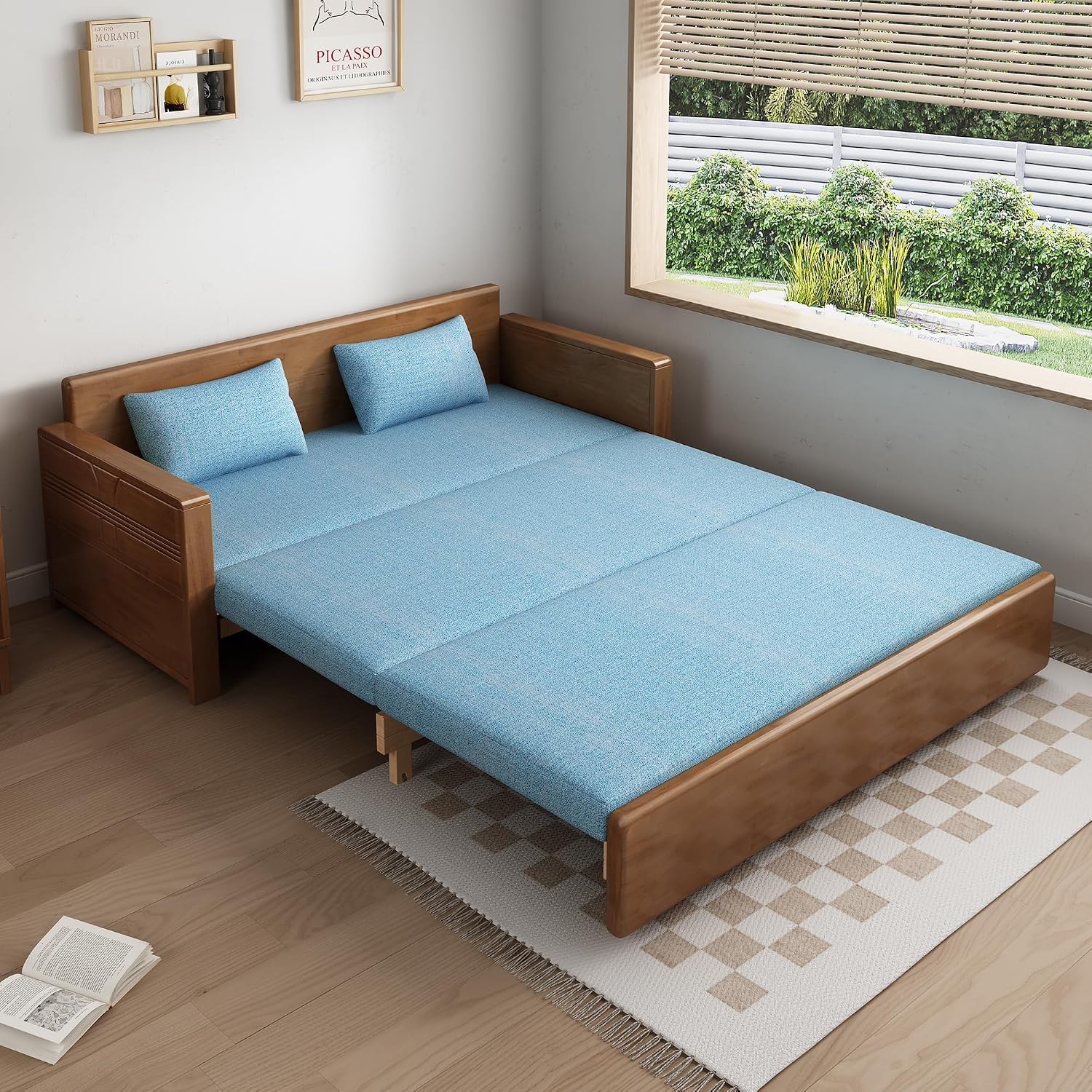 59' Convertible Sofa Sleeper,Blue Soft Cushion sectional Sleeper Couch with Reversible Chaise,solidwood Bed 3 in 1 Pull Out Couch,Walnut Color Sofa for livingroom,Apartment,Bedroom,Office