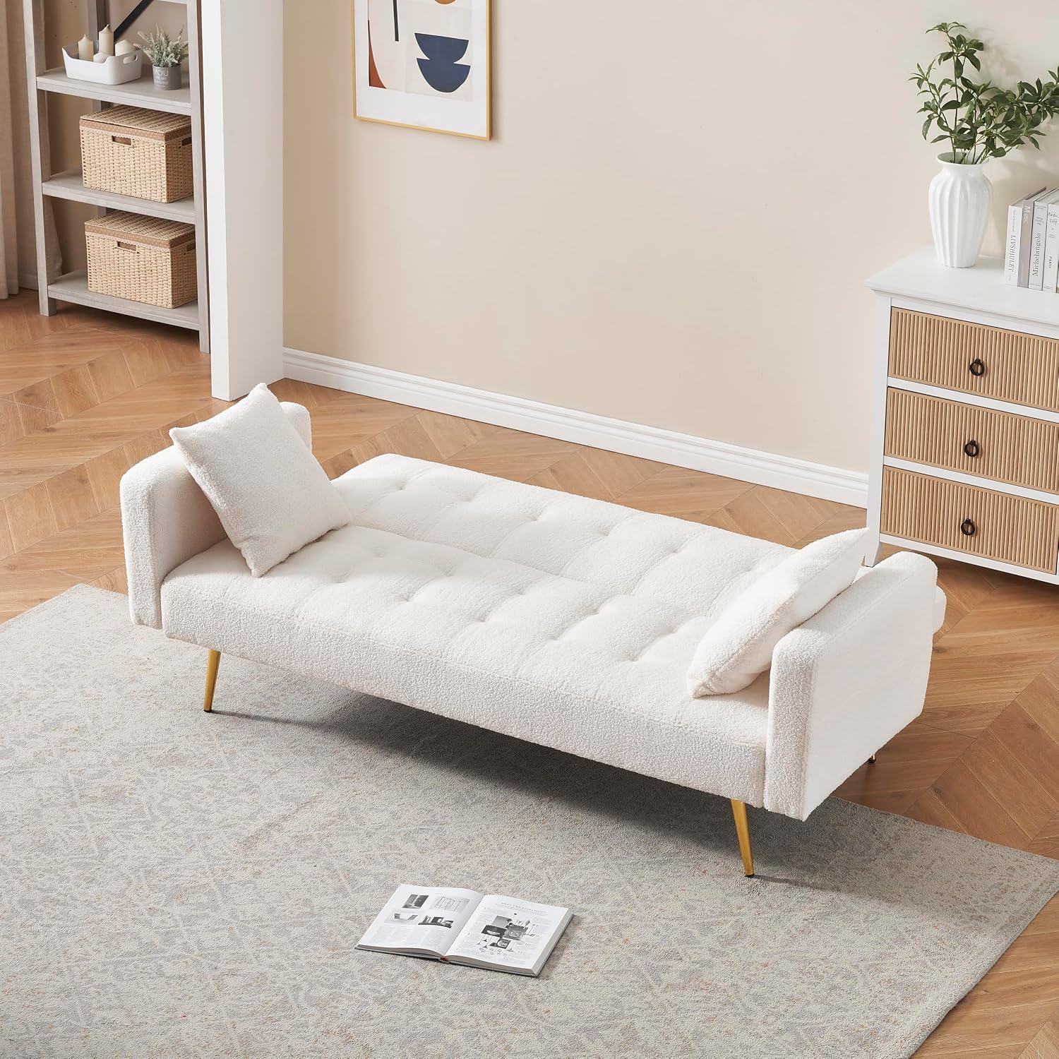 KEIKI 72' Folding Futon Sofa Couch w/Adjustable Backrest, Mid Century Modern Loveseat Convertible to Sleeper Bed, Small Comfy Teddy Cloud Couch SofaBed for Living Room & Bedroom, 2 Pillows, Beige