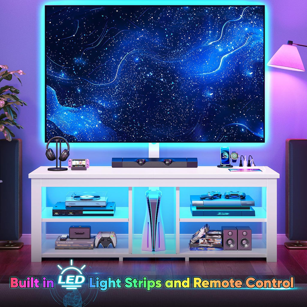 TV Stand with Mount for 55/65/70 Inch TVs Wood TV Stands for Living Room with Power Outlet & LED Lights Entertainment Center Gaming Console for Bedroom, Height Adjustable Swivel TV Mount, White